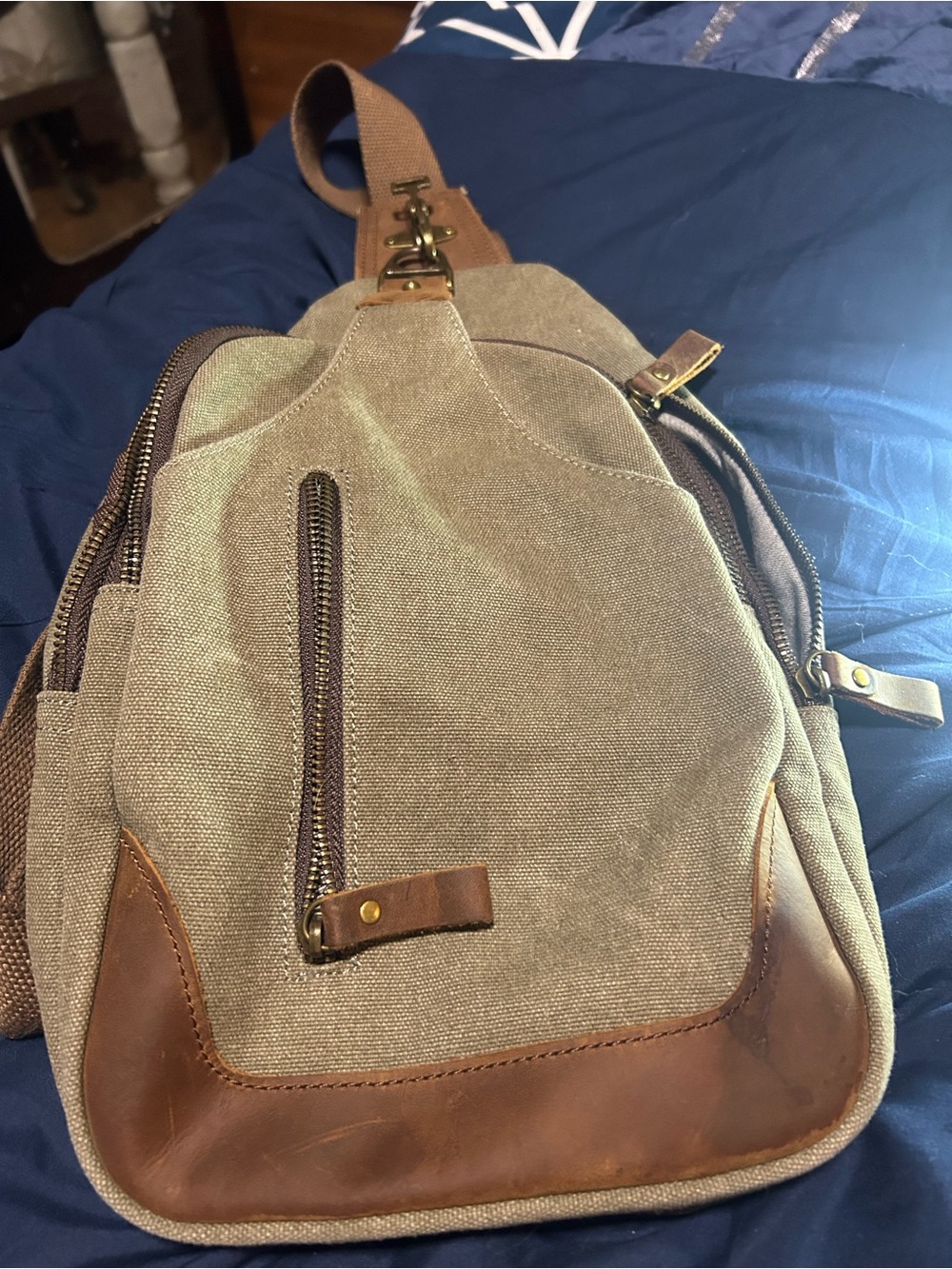 Casual Canvas Belt Sling Bag in Taupe with Brown Trim